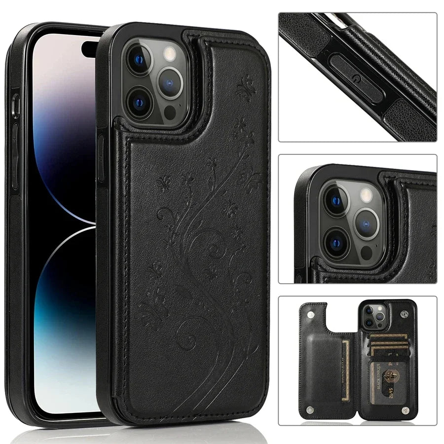 Wallet Butterfly Embossing Slot Magnetic Flip Leather Case For iPhone 16e 16 Pro Max 15 14 13 12 11 SE 2 X XR XS 8 7 Plus Cover