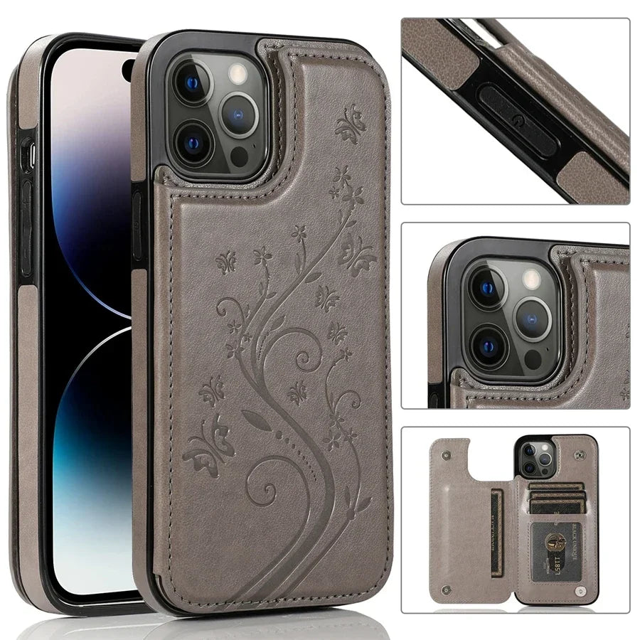 Wallet Butterfly Embossing Slot Magnetic Flip Leather Case For iPhone 16e 16 Pro Max 15 14 13 12 11 SE 2 X XR XS 8 7 Plus Cover