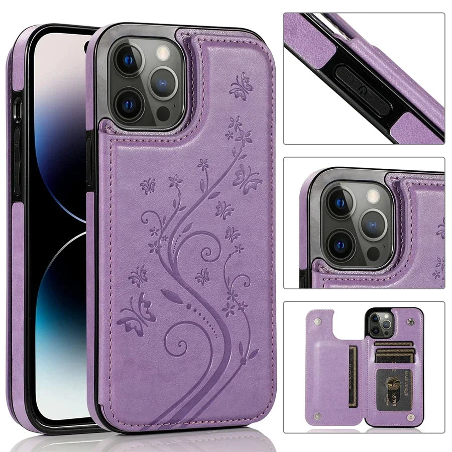 Wallet Butterfly Embossing Slot Magnetic Flip Leather Case For iPhone 16e 16 Pro Max 15 14 13 12 11 SE 2 X XR XS 8 7 Plus Cover