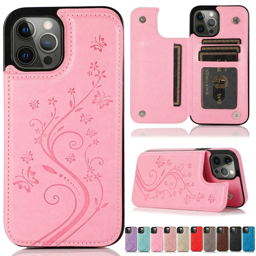 Wallet Butterfly Embossing Slot Magnetic Flip Leather Case For iPhone 16e 16 Pro Max 15 14 13 12 11 SE 2 X XR XS 8 7 Plus Cover