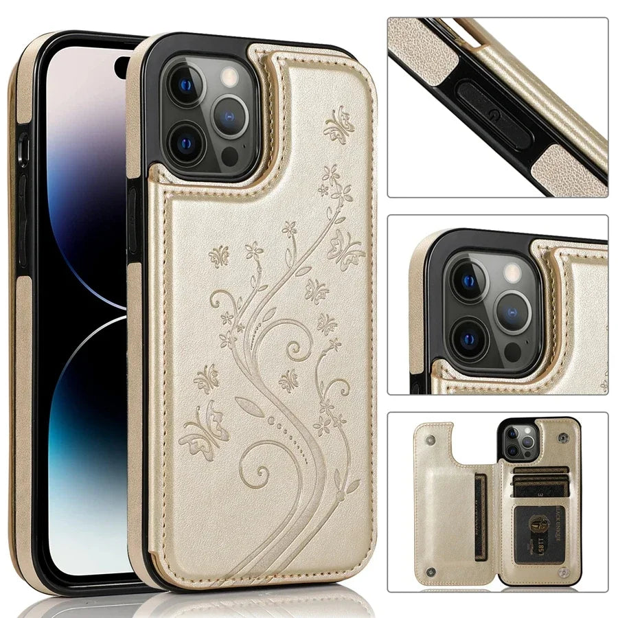 Wallet Butterfly Embossing Slot Magnetic Flip Leather Case For iPhone 16e 16 Pro Max 15 14 13 12 11 SE 2 X XR XS 8 7 Plus Cover