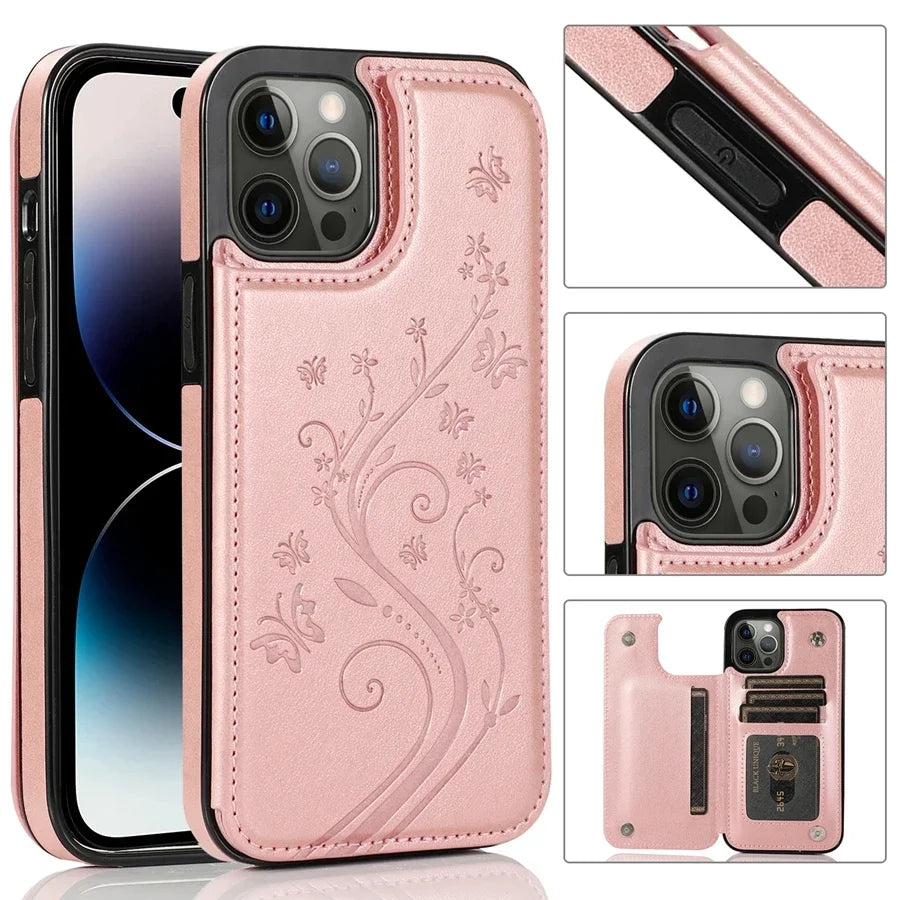 Wallet Butterfly Embossing Slot Magnetic Flip Leather Case For iPhone 16e 16 Pro Max 15 14 13 12 11 SE 2 X XR XS 8 7 Plus Cover