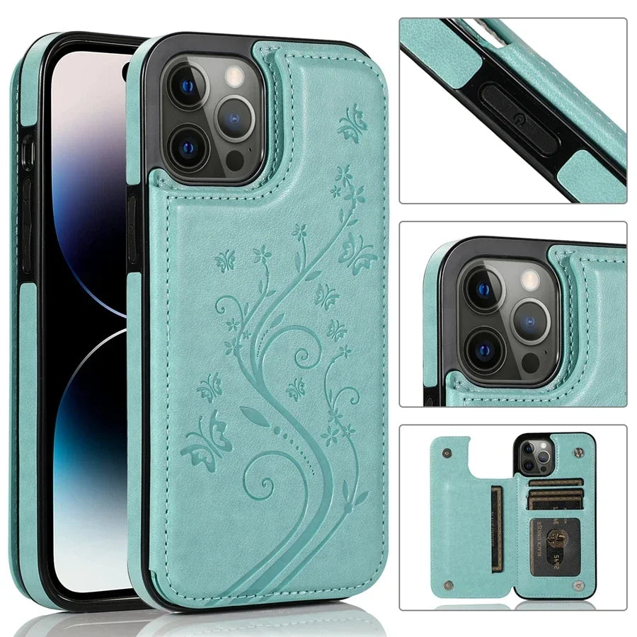 Wallet Butterfly Embossing Slot Magnetic Flip Leather Case For iPhone 16e 16 Pro Max 15 14 13 12 11 SE 2 X XR XS 8 7 Plus Cover