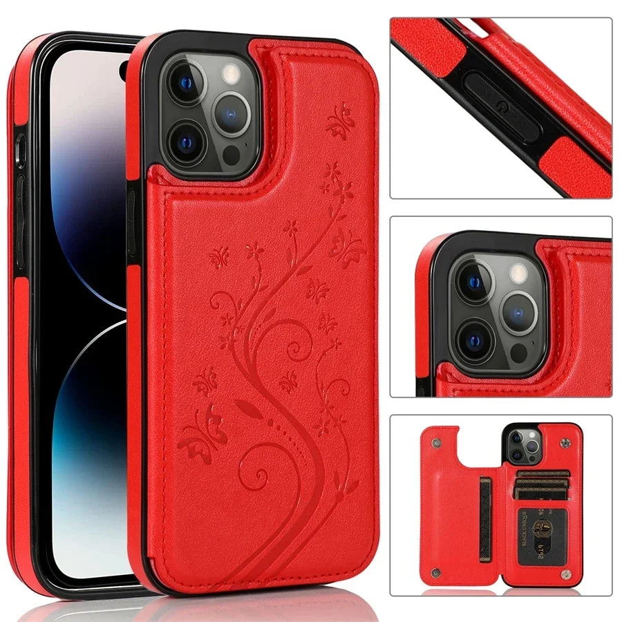 Wallet Butterfly Embossing Slot Magnetic Flip Leather Case For iPhone 16e 16 Pro Max 15 14 13 12 11 SE 2 X XR XS 8 7 Plus Cover