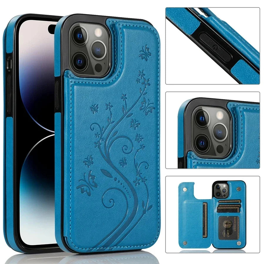 Wallet Butterfly Embossing Slot Magnetic Flip Leather Case For iPhone 16e 16 Pro Max 15 14 13 12 11 SE 2 X XR XS 8 7 Plus Cover